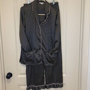 Victoria Secret Pajama Set Med Black Button Down With White Polka Dots Pink Trim